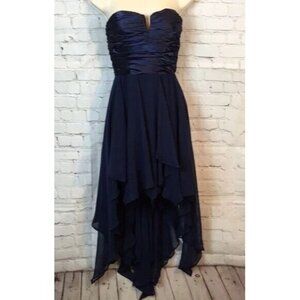 Ynes Dress Navy Blue Hi Low Scarf Hem Midi Strapless Layered Small